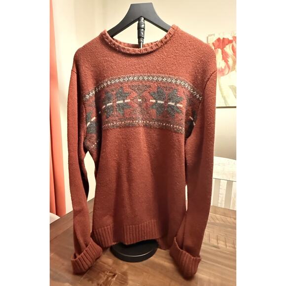 Eddie Bauer Men’s Sweater Size L Rust Red Fair Isle Knit Crewneck Pullover - Picture 1 of 8